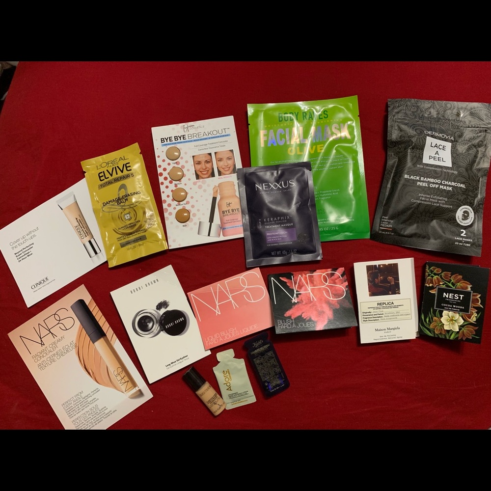 Bundle of random face masks and makeup samples